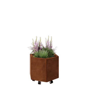 Ζαρντινιέρα από χάλυβα Corten - Εξάγωνο - 59,3 x 52 x 40 cm - Με πλάκα βάσης - Με τροχούς