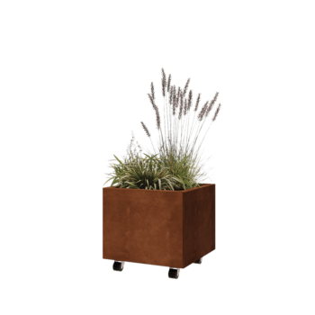 Ζαρντινιέρα από χάλυβα Corten - Τετράγωνο - 50 x 50 x 40 cm - Με πλάκα βάσης - Με τροχούς