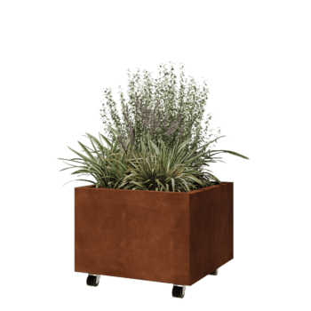 Ζαρντινιέρα από χάλυβα Corten - Τετράγωνο - 60 x 60 x 40 cm - Με πλάκα βάσης - Με τροχούς