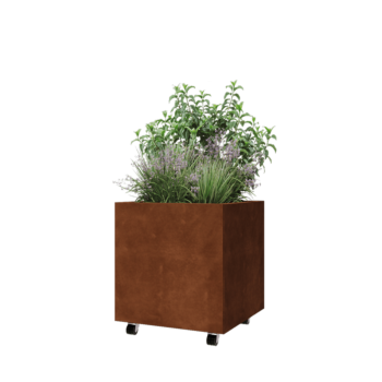 Ζαρντινιέρα από χάλυβα Corten - Τετράγωνο - 60 x 60 x 60 cm - Με πλάκα βάσης - Με τροχούς