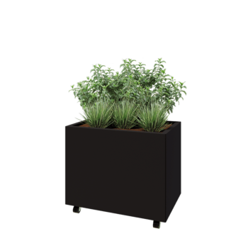 Ζαρντινιέρα από χάλυβα - Ορθογώνιο - 80 x 50 x 60 cm - RAL9005 ματ (μαύρο) - Με πλάκα βάσης - Με τροχούς
