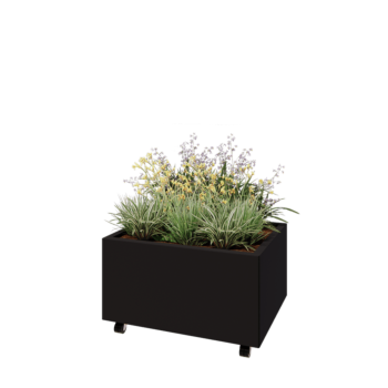 Ζαρντινιέρα από χάλυβα - Ορθογώνιο - 80 x 60 x 40 cm - RAL9005 ματ (μαύρο) - Με πλάκα βάσης - Με τροχούς