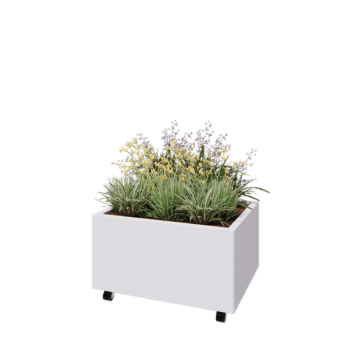Ζαρντινιέρα από χάλυβα - Ορθογώνιο - 80 x 60 x 40 cm - RAL9010 ματ (λευκό) - Με πλάκα βάσης - Με τροχούς