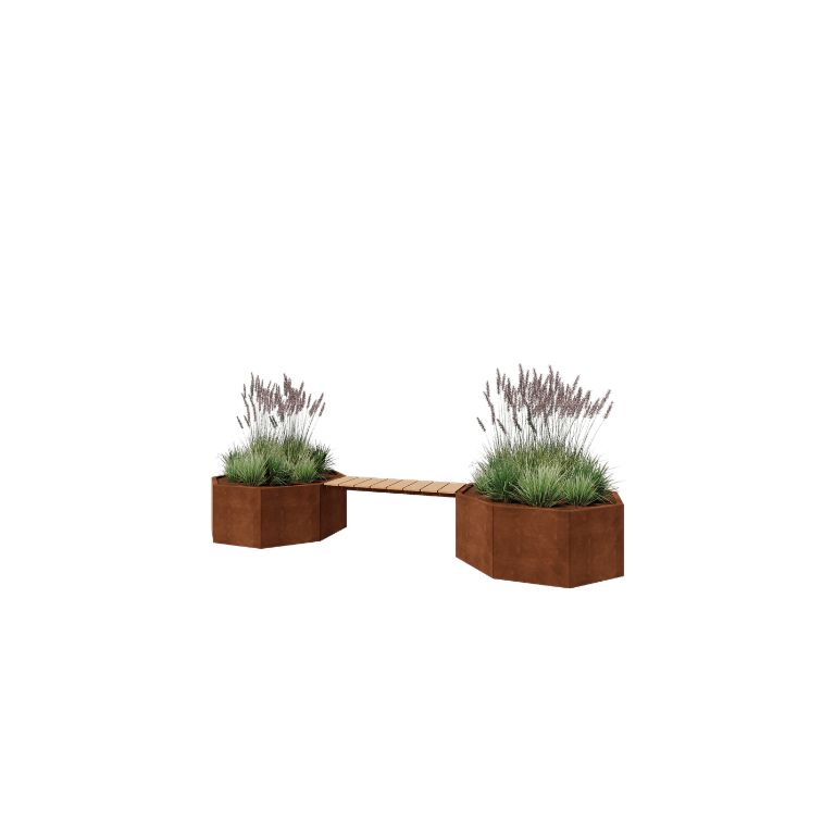 Ζαρντινιέρα από χάλυβα Corten - Οκτάγωνο - 362,6 x 120,7 x 50 cm - Με παγκάκι - Χωρίς πλάκα βάσης