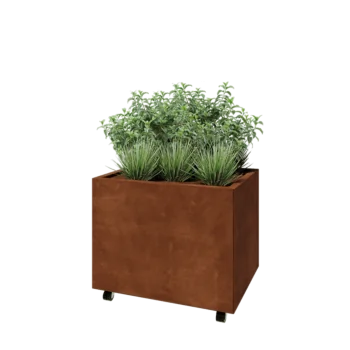Ζαρντινιέρα από χάλυβα Corten - Ορθογώνιο - 80 x 60 x 60 cm - Με πλάκα βάσης - Με τροχούς