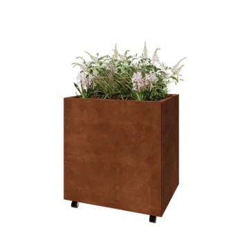 Ζαρντινιέρα από χάλυβα Corten - Ορθογώνιο - 80 x 60 x 80 cm - Με πλάκα βάσης - Με τροχούς