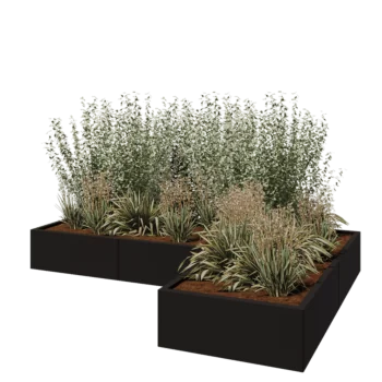 Ζαρντινιέρα από χάλυβα - Σχήμα L - 240 x 160 x 30 cm - RAL9005 ματ (μαύρο) - Με πλάκα βάσης